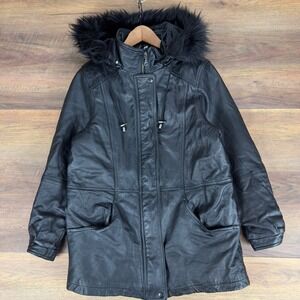 Field Gear Mens Vintage Black Leather Parka Real Fox Tail Fur Hood Thermolite S